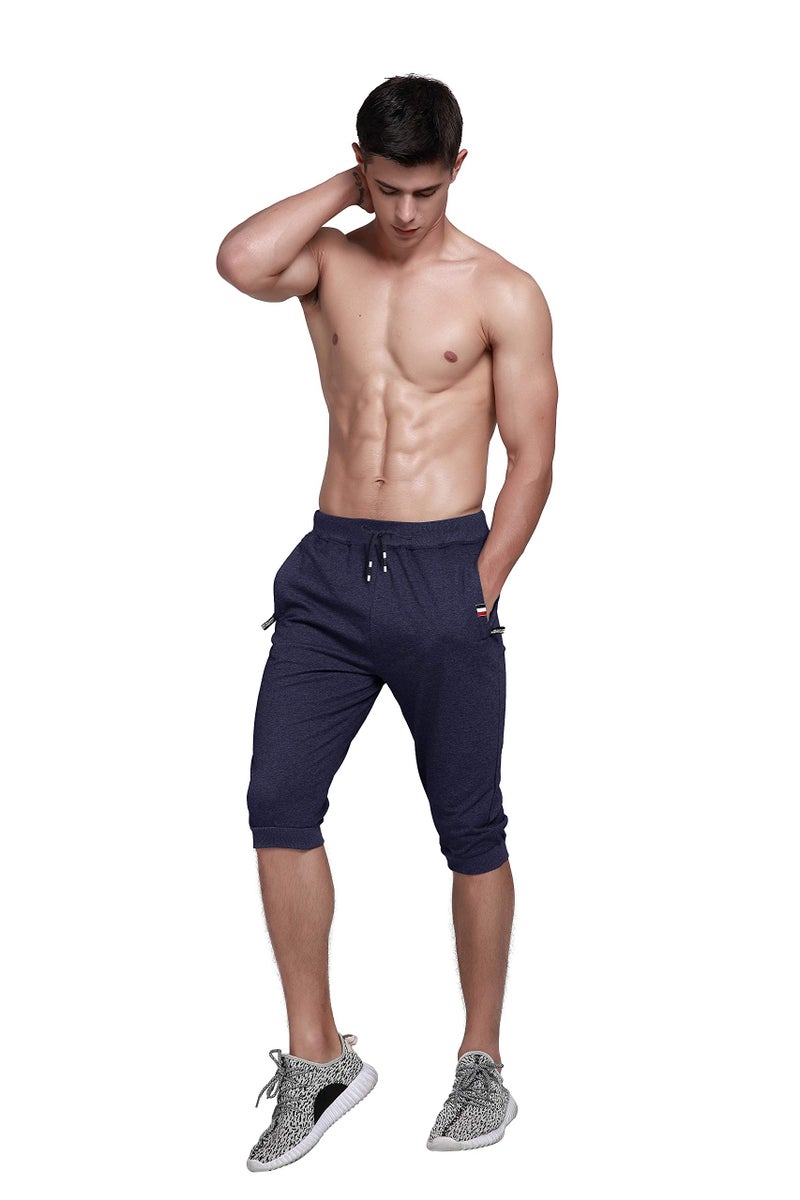 YSENTO Mens 3/4 Yoga Capri Pants Jogger Shorts Sports Training Running Shorts Blue 34 - Image 4
